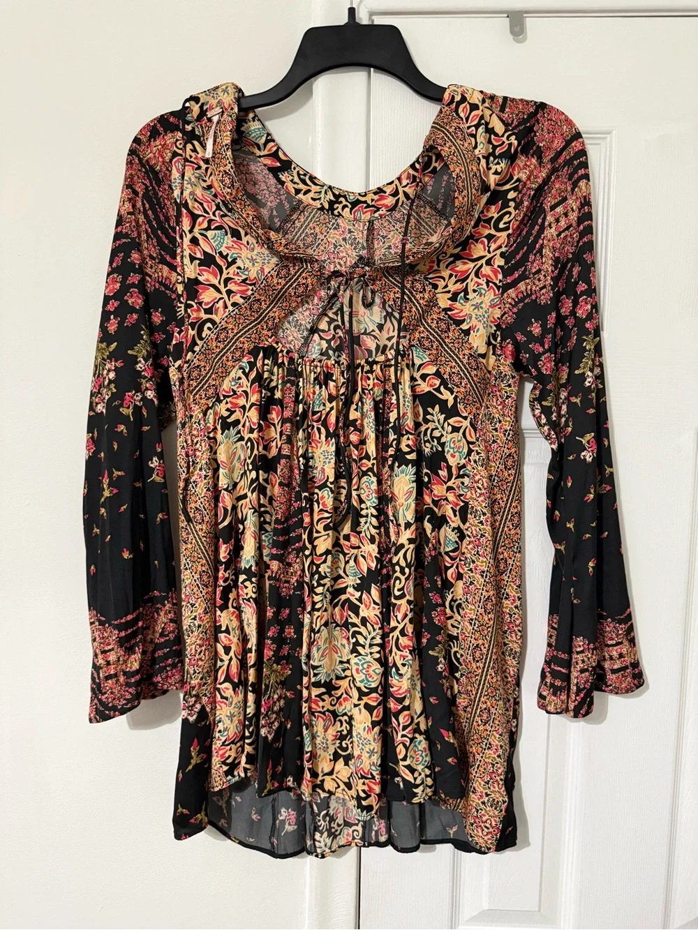 Free People Black Floral Mixed-Print Tunic with Teal and Mustard Accents